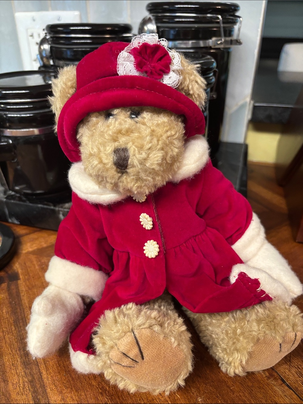 Plush Teddy Bear in Red Velvet Coat and Hat